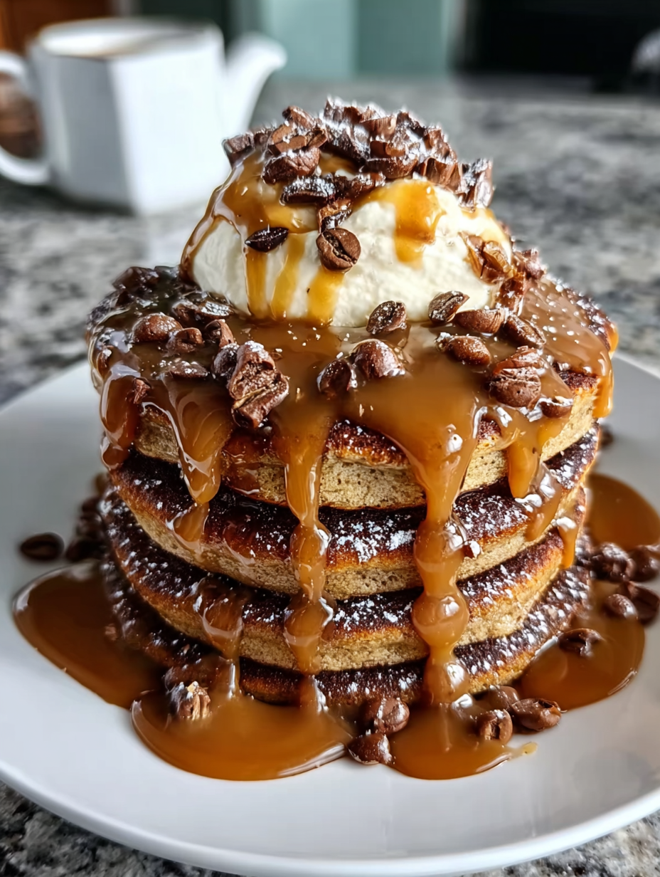 A stack of pancakes with syrup drizzled on top.