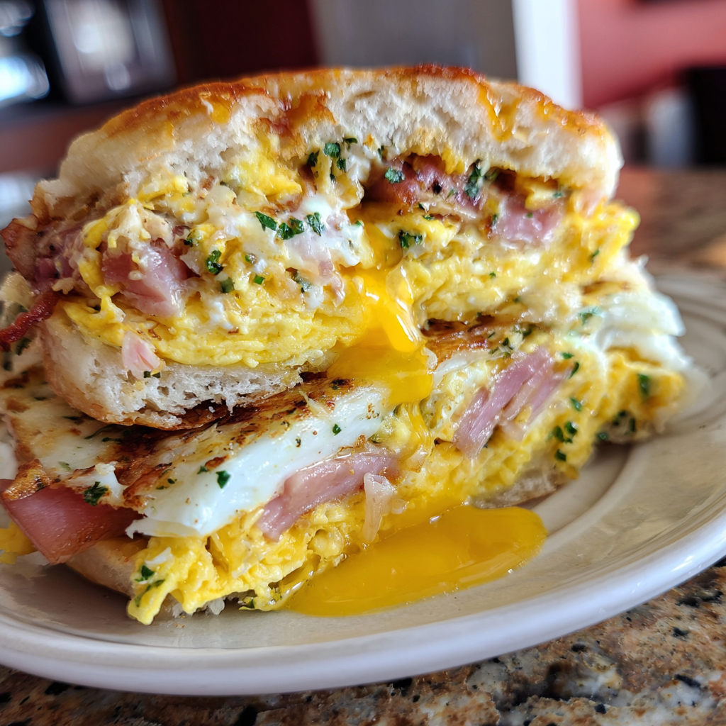 A sandwich with egg, ham, and cheese on a plate.