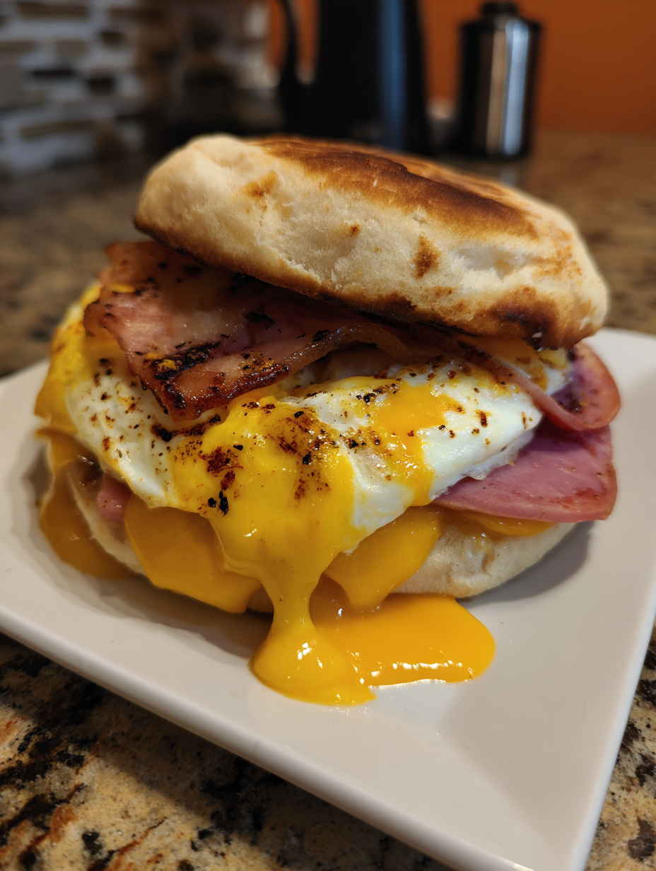 A breakfast sandwich with eggs, bacon, and ham.