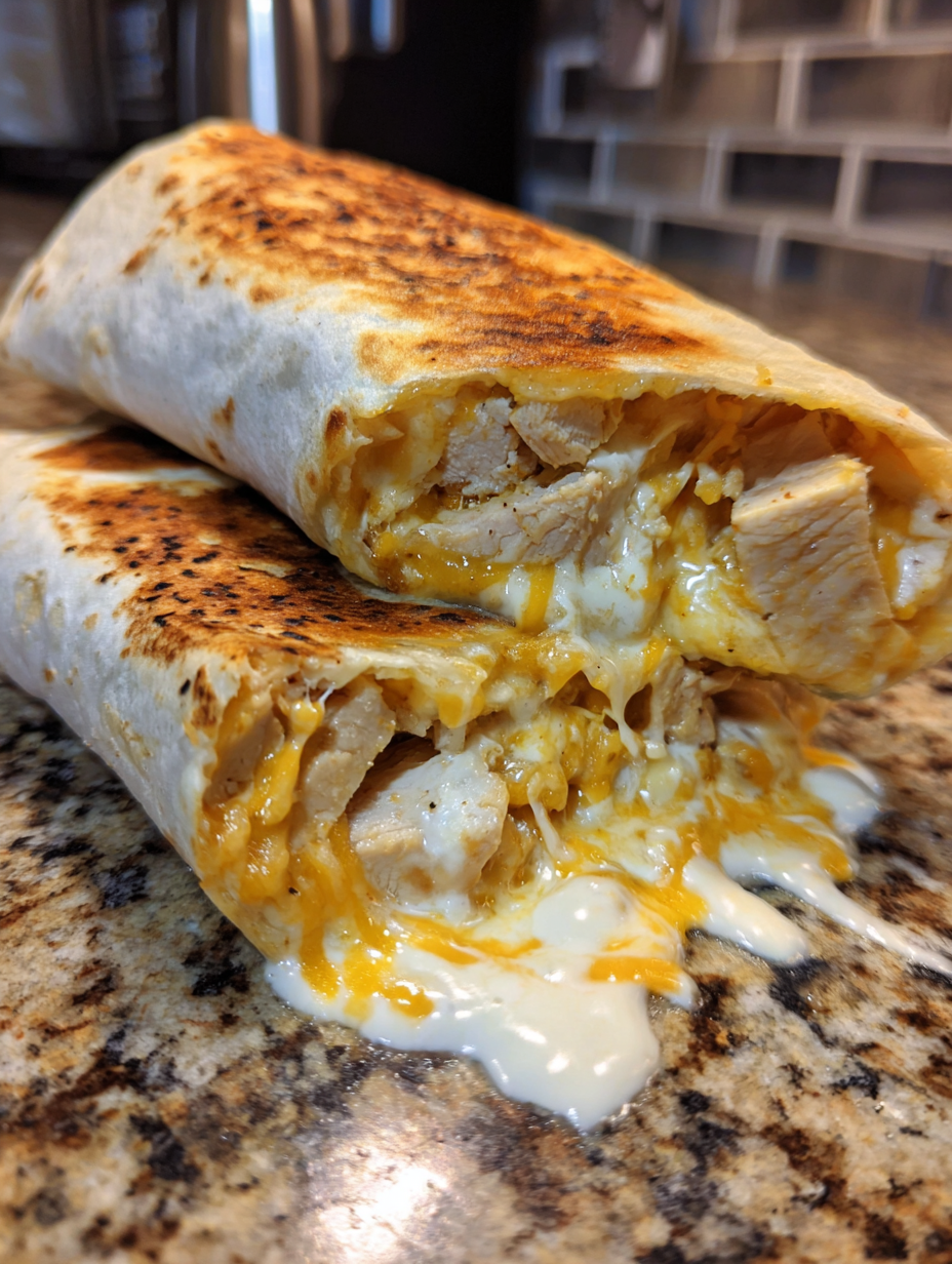 A burrito with cheese and chicken on a table.