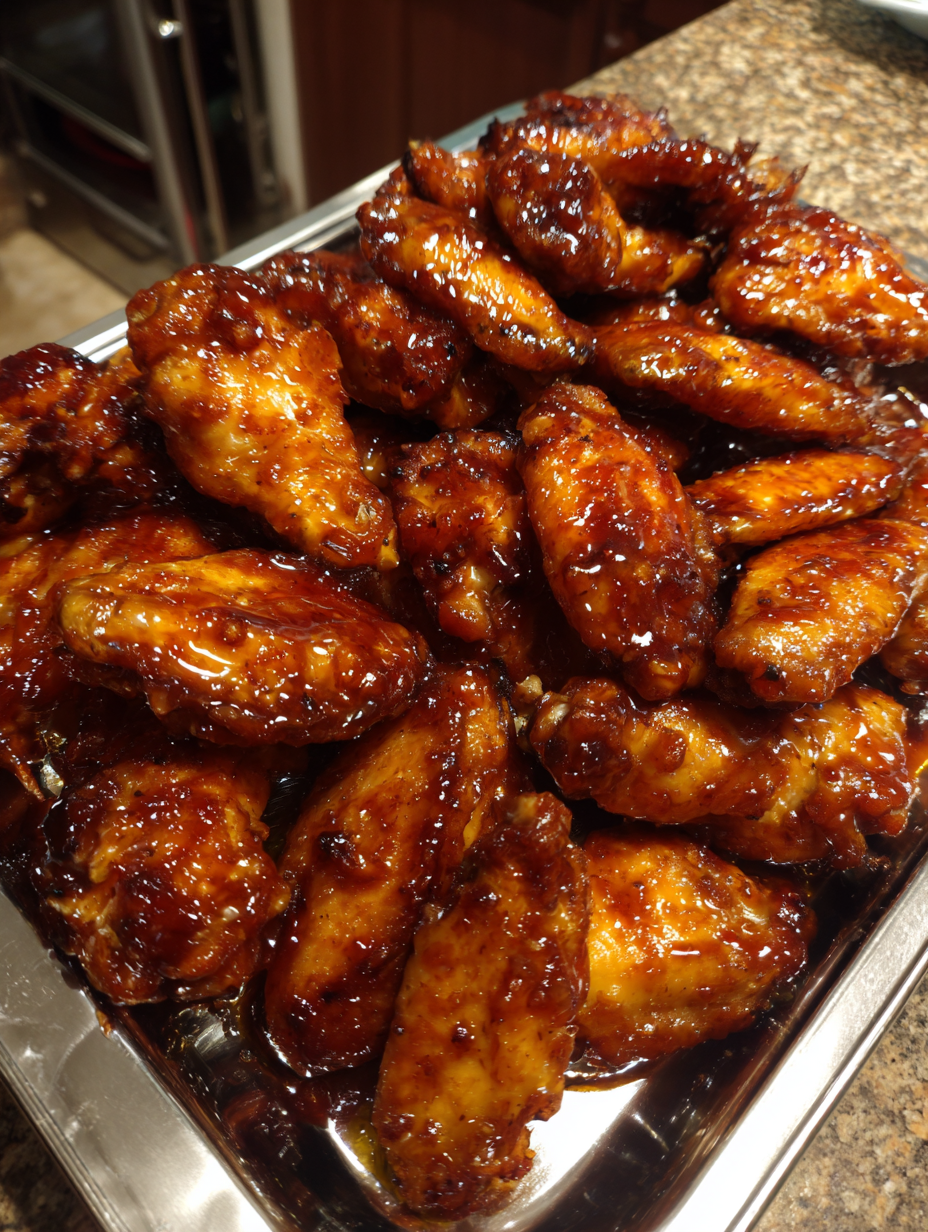 A tray of chicken wings with a sauce.