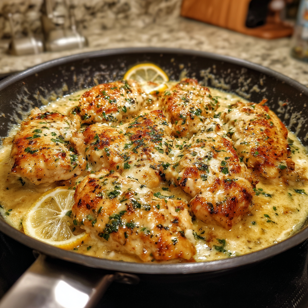 A pan of chicken with lemon and herbs.