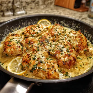 A pan of chicken with lemon and herbs.