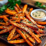 A serving of crispy, seasoned sweet potato fries garnished with herbs and served with a small bowl of dip on the side.