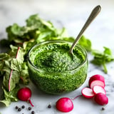 A glass bowl of vibrant green pesto is surrounded by fresh leafy greens and bright red radishes.