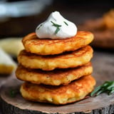 A stack of four golden-brown potato pancakes topped with a dollop of sour cream and garnished with herbs, placed on a wooden surface.