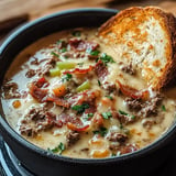 A bowl of creamy soup topped with crispy bacon, ground beef, chopped vegetables, and garnished with parsley, accompanied by a slice of toasted bread.