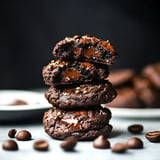 A stack of three chocolate cookies, one of which is broken to reveal gooey chocolate inside, with coffee beans scattered around and more cookies in the background.