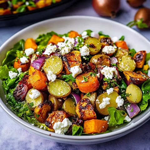 A colorful salad made with roasted vegetables, including orange and purple carrots, grapes, and crumbled cheese, served on a bed of fresh greens.