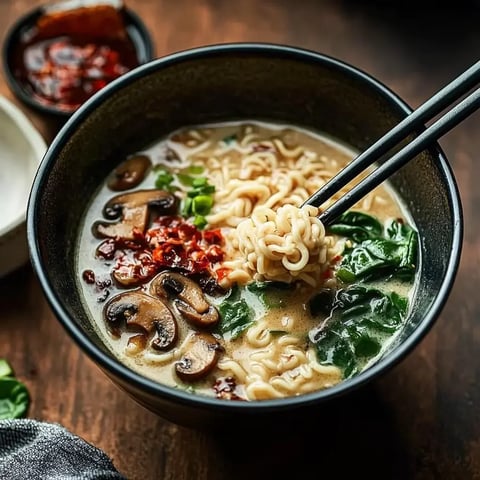 A bowl of ramen with noodles, mushrooms, spinach, and chili flakes, being held with chopsticks.