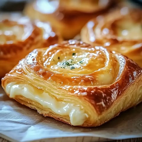 A close-up of a golden-brown pastry with a creamy filling, garnished with green herbs.