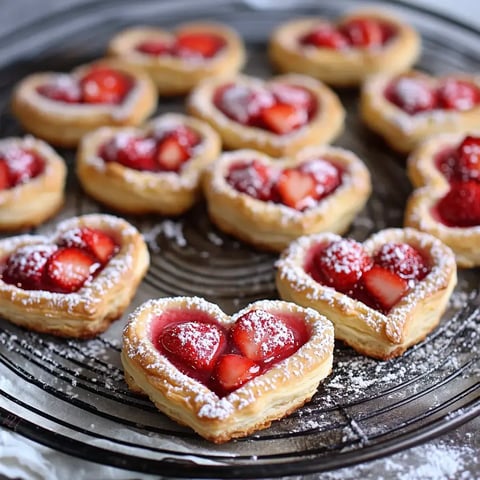 A plate of heart-shaped pastries filled with strawberries and dusted with powdered sugar.