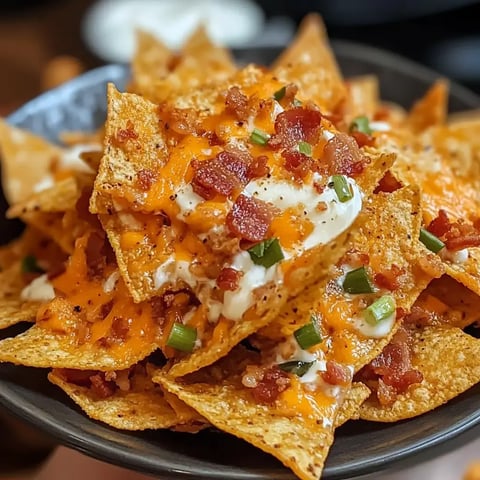 A close-up view of a plate of nachos topped with melted cheese, bacon bits, and green onions.