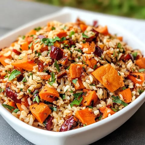 A close-up of a white bowl filled with a colorful mixture of cooked brown rice, diced sweet potatoes, and garnished with fresh herbs.