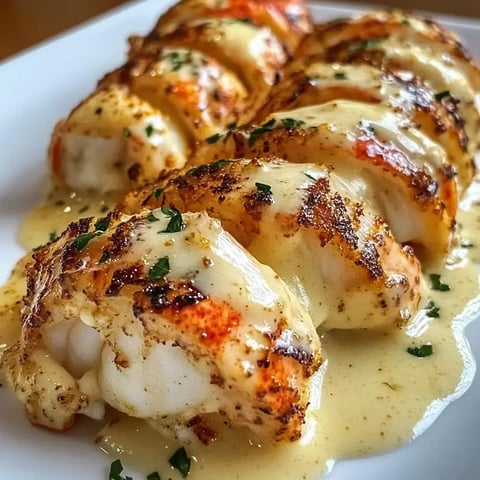 A plate of grilled lobster tails drizzled with a creamy sauce and garnished with parsley.