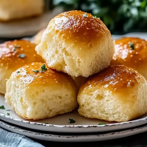 A close-up of golden-brown dinner rolls on a white plate, garnished with small green herbs.