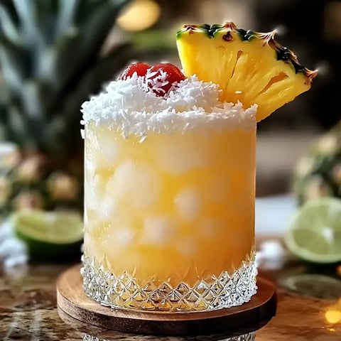 A vibrant tropical cocktail garnished with cherries, pineapple, and shredded coconut served in a crystal glass on a wooden coaster.