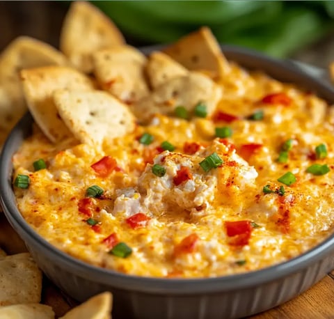 A creamy, melted cheese dip with diced tomatoes and green onions is served in a bowl, accompanied by crispy tortilla chips.