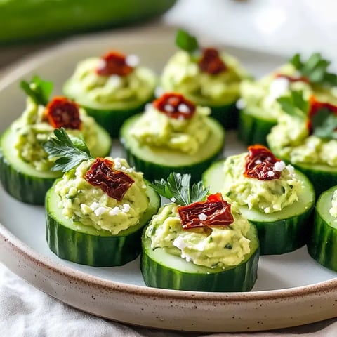 A plate of cucumber slices topped with creamy avocado spread, sun-dried tomatoes, and fresh parsley.