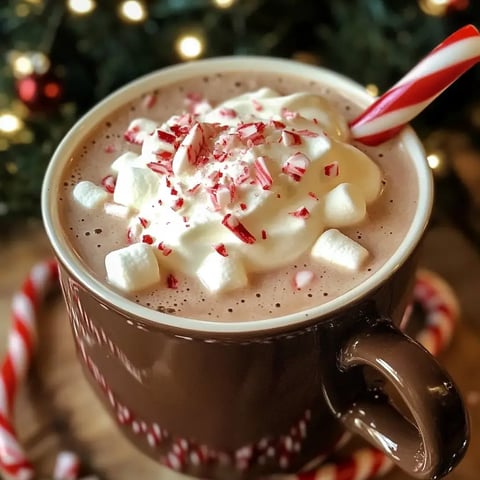 A cozy mug of hot chocolate topped with whipped cream, crushed candy canes, and marshmallows, with festive decorations in the background.