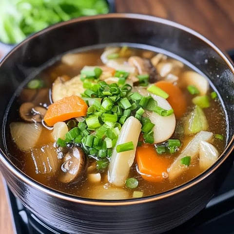 A close-up of a bowl of soup filled with various vegetables, topped with chopped green onions, against a blurred green background.