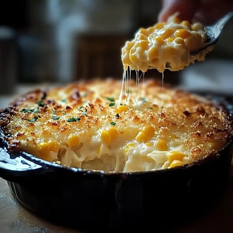 A creamy, cheesy baked pasta dish topped with golden, crispy breadcrumbs and garnished with sweet corn, with a spoon lifting a serving from the dish.