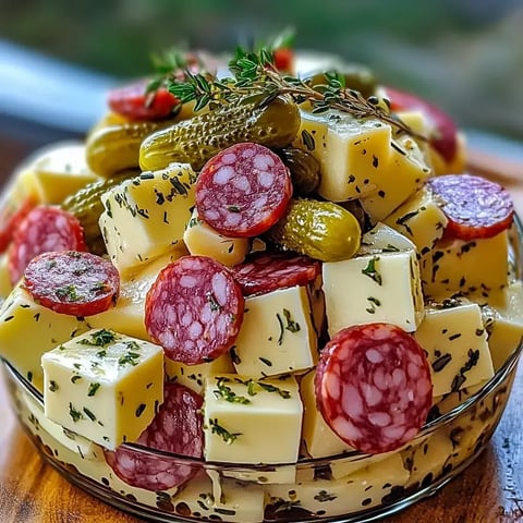 A glass bowl filled with diced cheese, slices of salami, gherkin pickles, and garnished with fresh herbs.