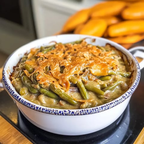 A baked green bean casserole with a golden, crispy topping is served in a white dish, with a background of yellow bananas.