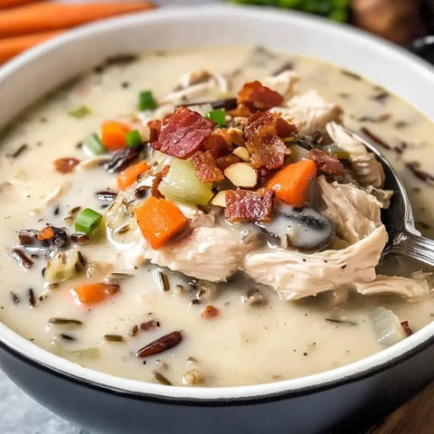 A close-up view of a bowl of creamy chicken soup topped with bacon, vegetables, and wild rice.