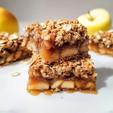 A close-up image of layered apple crumble bars topped with oats, with a whole yellow apple in the background.