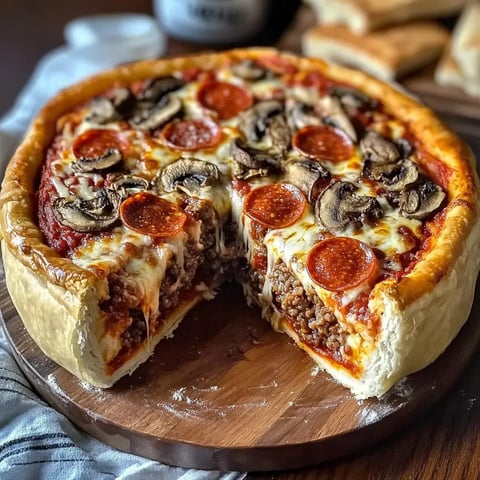 A freshly cut deep-dish pizza topped with pepperoni and mushrooms, revealing a layer of meat and cheese, is displayed on a wooden cutting board.