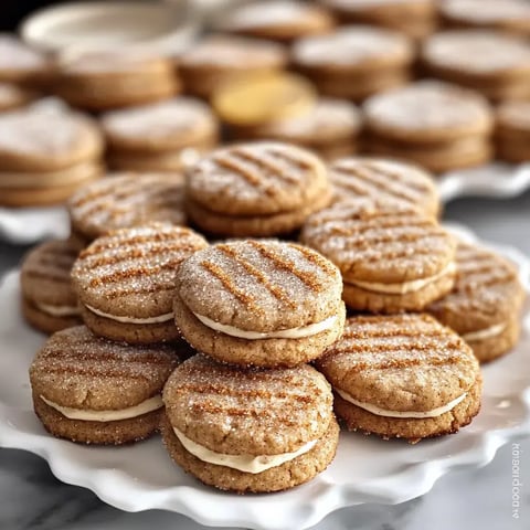 A close-up of sugar-dusted sandwich cookies with creamy filling, arranged on a white dish, with more cookies blurred in the background.