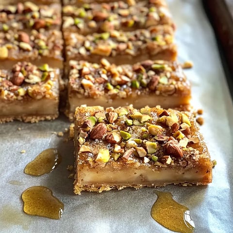 A close-up of square pieces of nut-topped dessert on parchment paper, drizzled with honey.