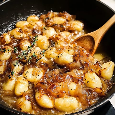 A close-up view of sautéed gnocchi mixed with caramelized onions and garnished with fresh thyme in a skillet.