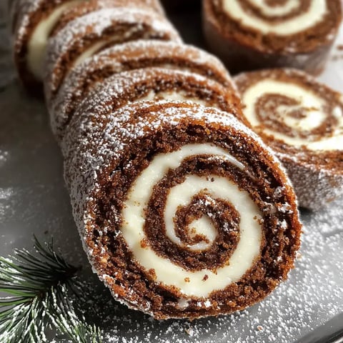 A close-up of chocolate roll cake slices dusted with powdered sugar, revealing a creamy white filling and spiral pattern.