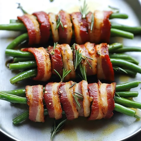 A plate of green beans wrapped in crispy bacon, garnished with fresh rosemary.