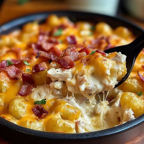 A close-up of a cheesy, baked dish featuring chicken, gnocchi, and crispy bacon, with a serving spoon lifting a portion from a black skillet.