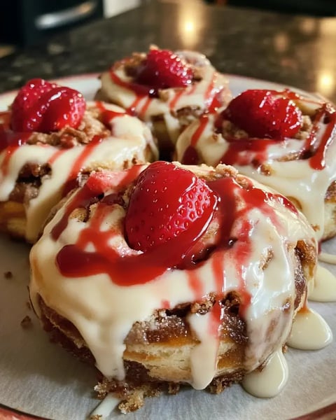 A plate of four decorated pastries topped with strawberries and drizzled with cream and strawberry sauce.