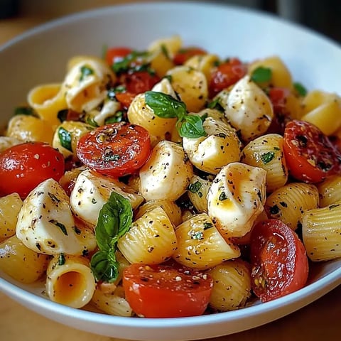 A bowl of pasta with cherry tomatoes, mozzarella balls, and fresh basil, garnished with herbs and seasoning.