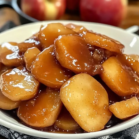 A bowl of caramelized apple slices glistens with syrupy sauce, with whole apples visible in the background.