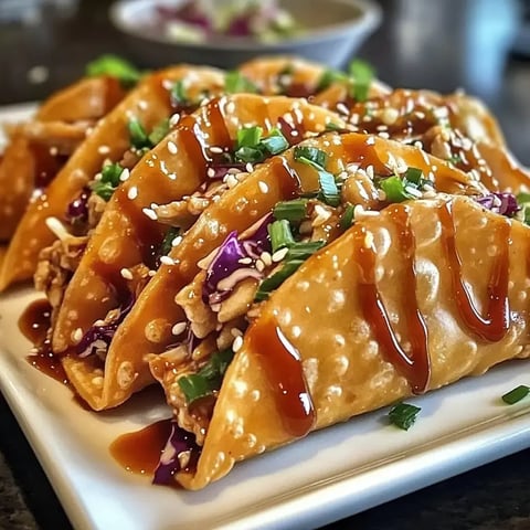 A plate of crispy tacos filled with shredded chicken, purple cabbage, and topped with green onions, sesame seeds, and a drizzle of sauce.