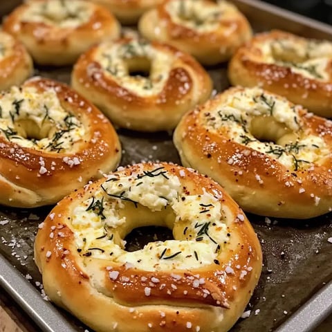 A tray of freshly baked bagels topped with cream cheese and herbs.