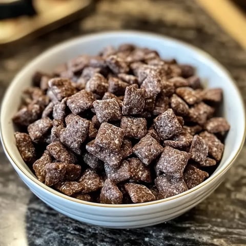 A bowl filled with small, chocolate-coated, square-shaped snacks sits on a dark countertop.