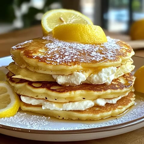 A stack of fluffy pancakes is topped with lemon slices, powdered sugar, and drizzled with syrup.