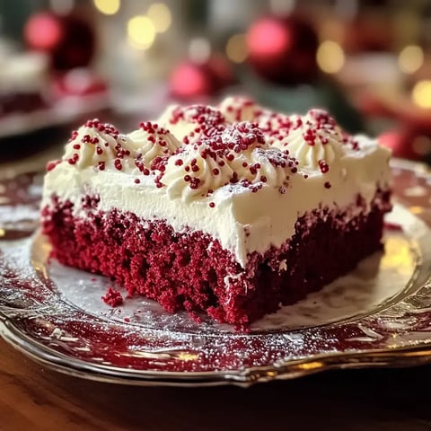 A slice of red velvet cake topped with cream cheese frosting and red sprinkles, served on a silver platter with a festive background.