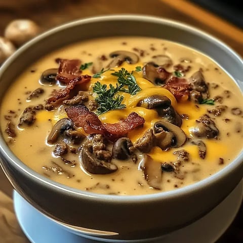 A creamy soup filled with mushrooms, ground beef, and topped with cheddar cheese, crispy bacon, and herbs, served in a bowl.