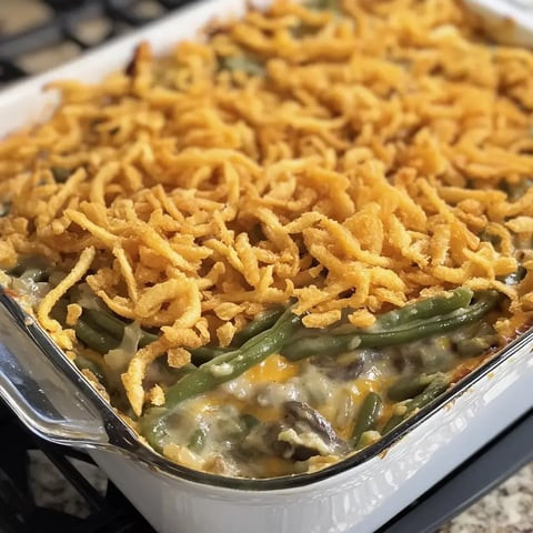 A creamy green bean casserole topped with crunchy fried onions, baked in a glass dish.