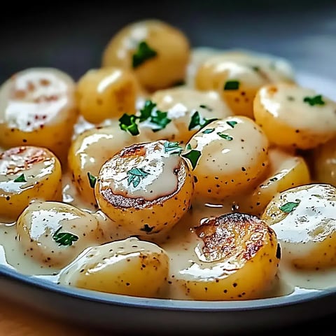 Creamy, golden-brown potatoes garnished with fresh parsley in a white dish.