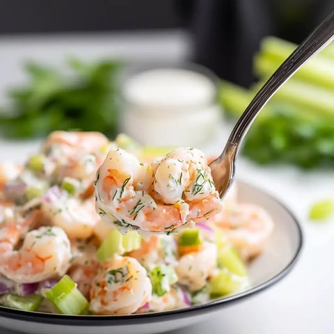 A spoonful of shrimp salad featuring shrimp, celery, and herbs in a creamy dressing, with more salad in the background.