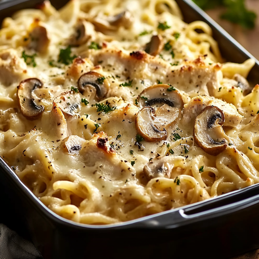 Creamy Chicken Tetrazzini Pasta Bake with Mushrooms